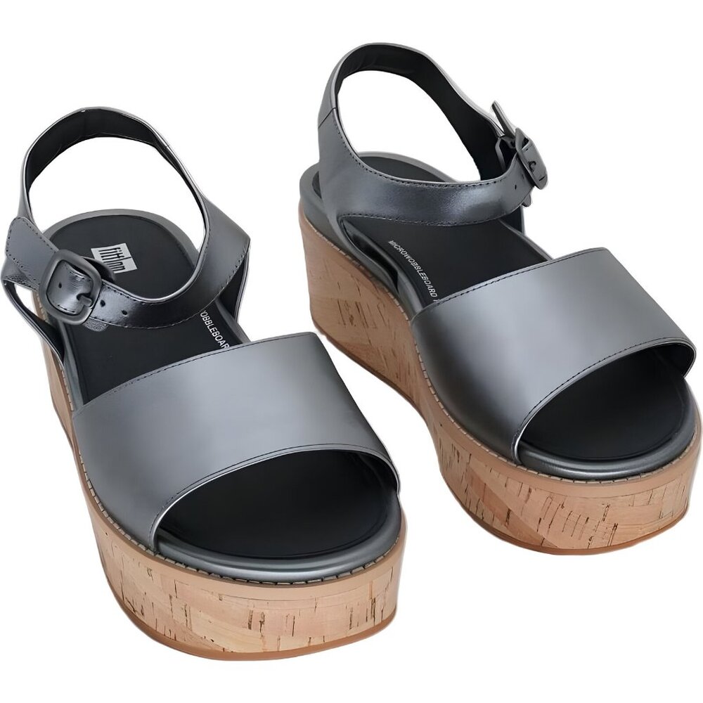 Fitflop Dark Silver Leather Cork Platform Sandals